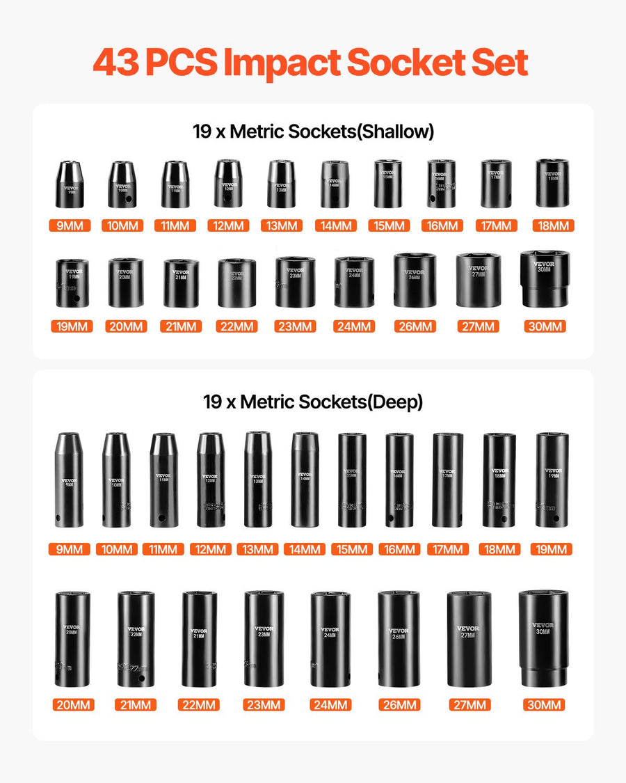 VEVOR Impact Socket Set 43 Piece Impact Sockets, Standard Socket Assortment, Drive Socket Set 6-Point Sockets Metric 9-30mm (Standard/Deep)