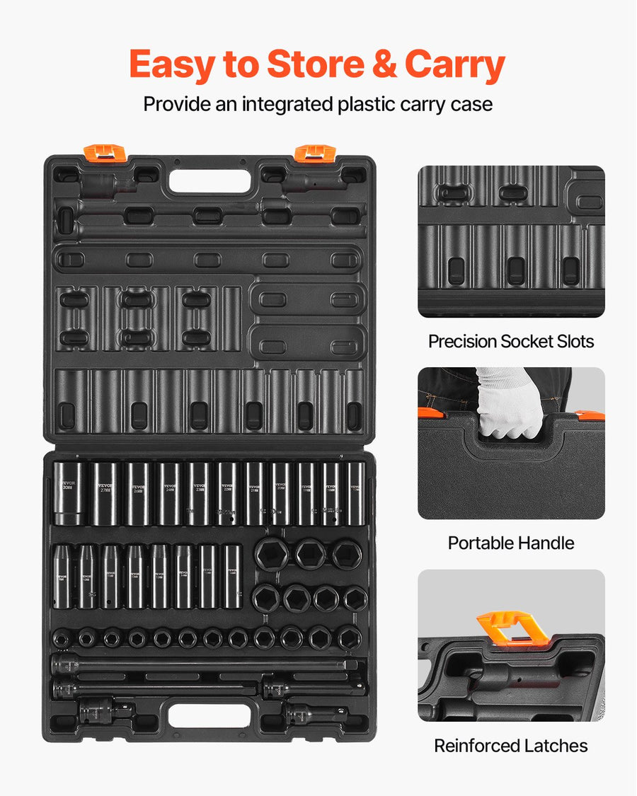 VEVOR Impact Socket Set 43 Piece Impact Sockets, Standard Socket Assortment, Drive Socket Set 6-Point Sockets Metric 9-30mm (Standard/Deep)