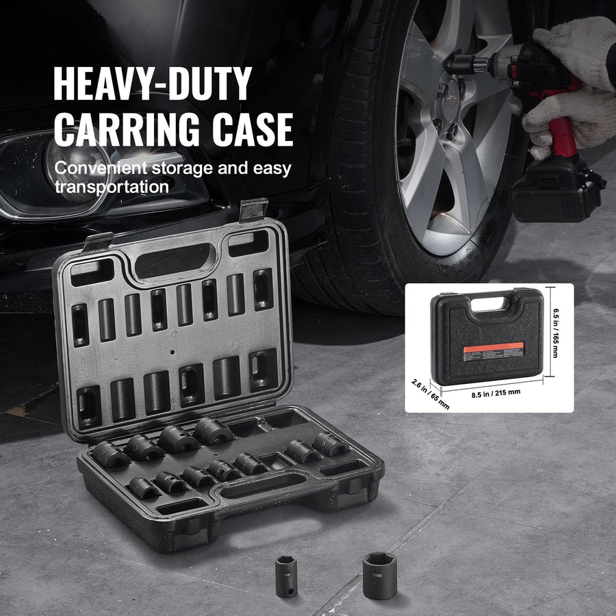 3/8" Drive Impact Socket Set, 14 Piece Shallow Socket Set Metric 7-20mm, 6 Point Cr-Mo Alloy Steel for Auto Repair, Easy-to-Read Size Markings, Rugged Construction, Includes Storage Case