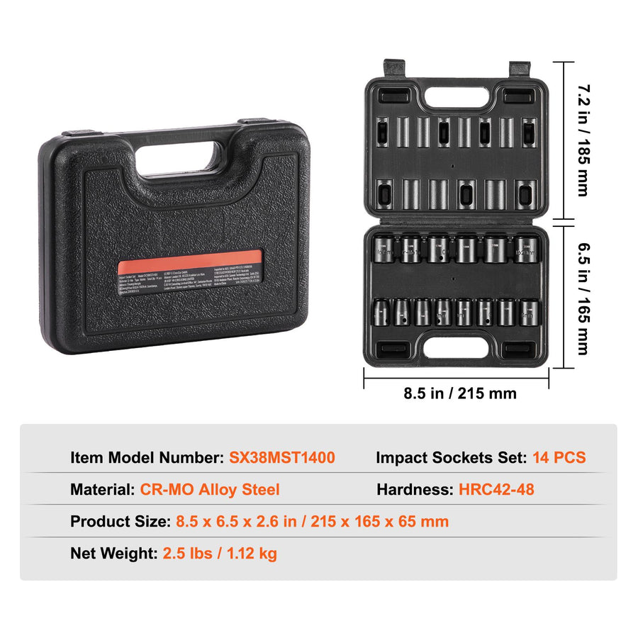3/8" Drive Impact Socket Set, 14 Piece Shallow Socket Set Metric 7-20mm, 6 Point Cr-Mo Alloy Steel for Auto Repair, Easy-to-Read Size Markings, Rugged Construction, Includes Storage Case