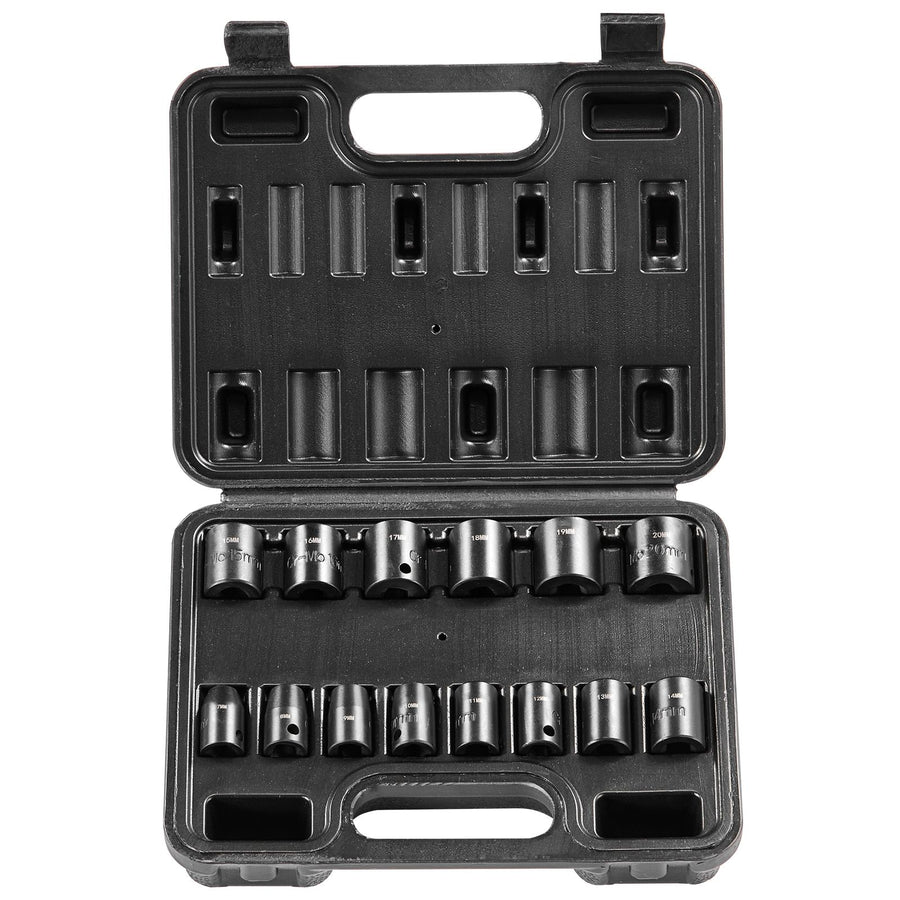3/8" Drive Impact Socket Set, 14 Piece Shallow Socket Set Metric 7-20mm, 6 Point Cr-Mo Alloy Steel for Auto Repair, Easy-to-Read Size Markings, Rugged Construction, Includes Storage Case