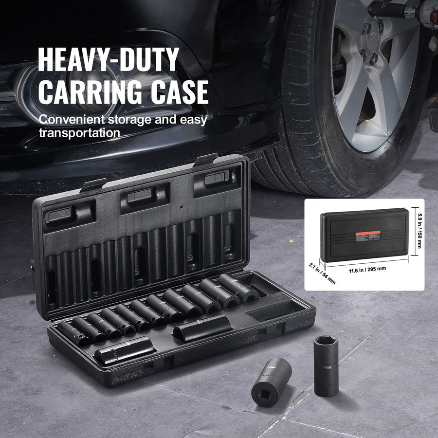 3/8" Drive Impact Socket Set, 15 Piece Deep Socket Set Metric 8-22mm, 6 Point Cr-Mo Alloy Steel for Auto Repair, Easy-to-Read Size Markings, Rugged Construction, Includes Storage Case