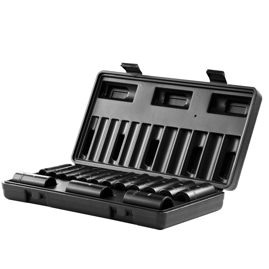 3/8" Drive Impact Socket Set, 15 Piece Deep Socket Set Metric 8-22mm, 6 Point Cr-Mo Alloy Steel for Auto Repair, Easy-to-Read Size Markings, Rugged Construction, Includes Storage Case
