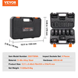 VEVOR Impact Sockets Set 9pcs 6-Point 1/2in Metric Drive Bit Ratchet Tool Kit - Close-Up Angle