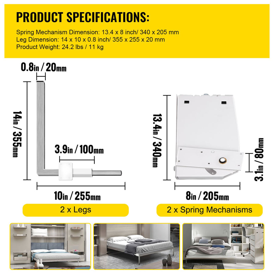 Murphy Mounting Wall Springs Mechanism, Heavy Duty Support Hardware DIY Kit, Bed Springs Mechanism Ideal for King Queen Bed (Vertical), White
