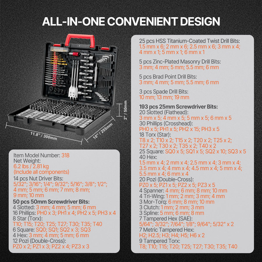 Drill Bit Set, 318 Pieces Drill and Driver Bit Set, Screwdriver Bit Set Suitable for Wood Metal Cement Drilling and Screw Driving, Drill Bit Sets Combo Kit Assorted in Organized Carrying Case