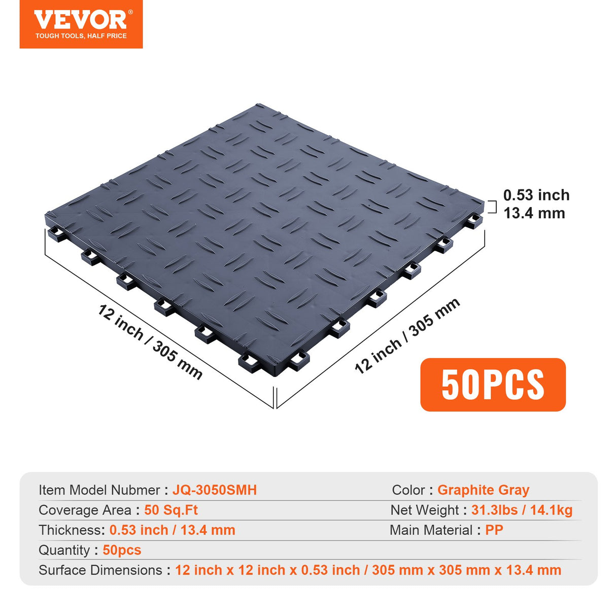 VEVOR Garage Tiles Interlocking, 12 x 12 x 0.53 inch 50 Pack Garage Floor Covering Tiles, Non-Slip D
