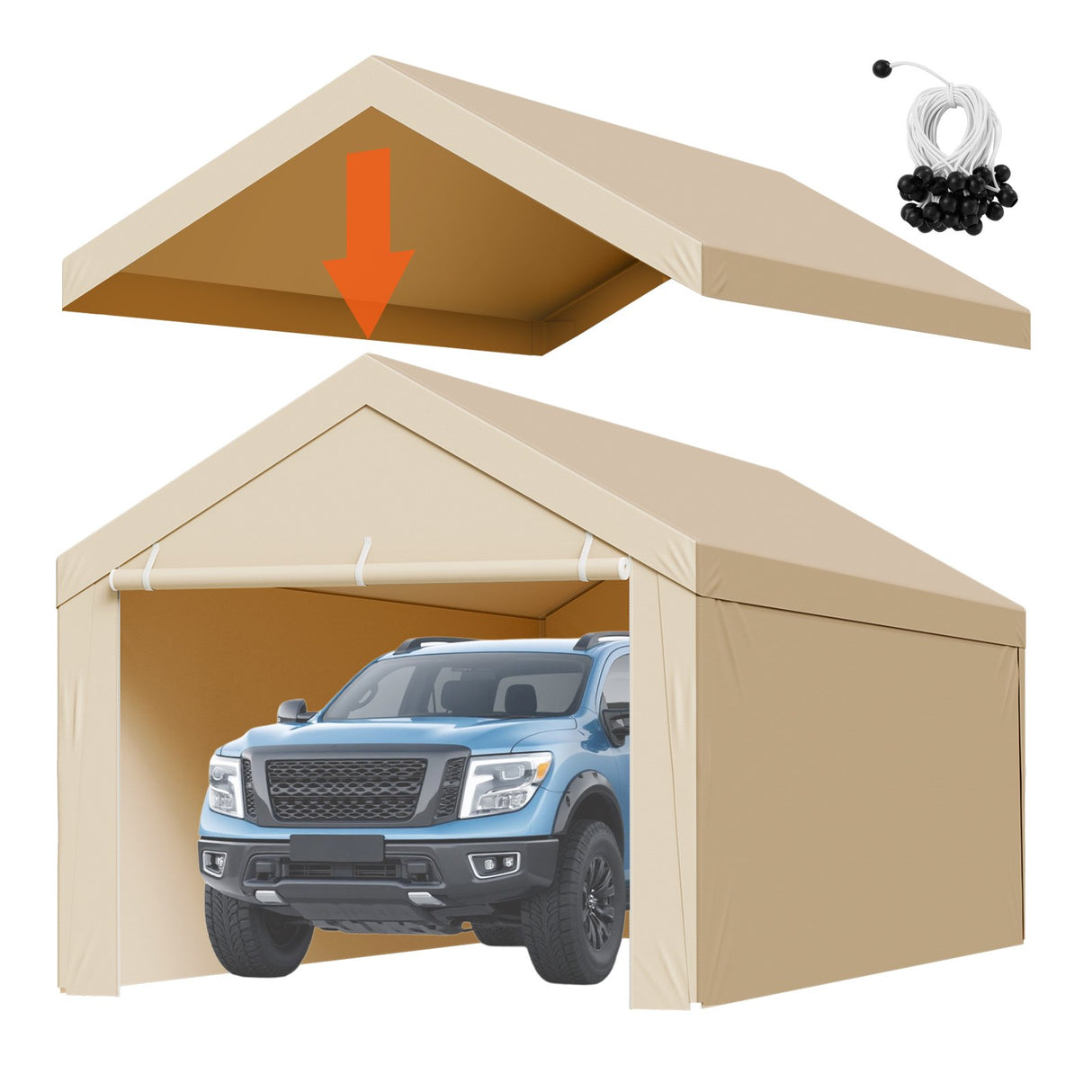 VEVOR Carport Replacement Canopy, 6 x 3 m Potable Garage Tent Top Tarp with Sidewalls, UV-Resistant & Waterproof, Heavy Duty Car Shelter Tarp with Ball Buggees, Beige, Frame Not Included