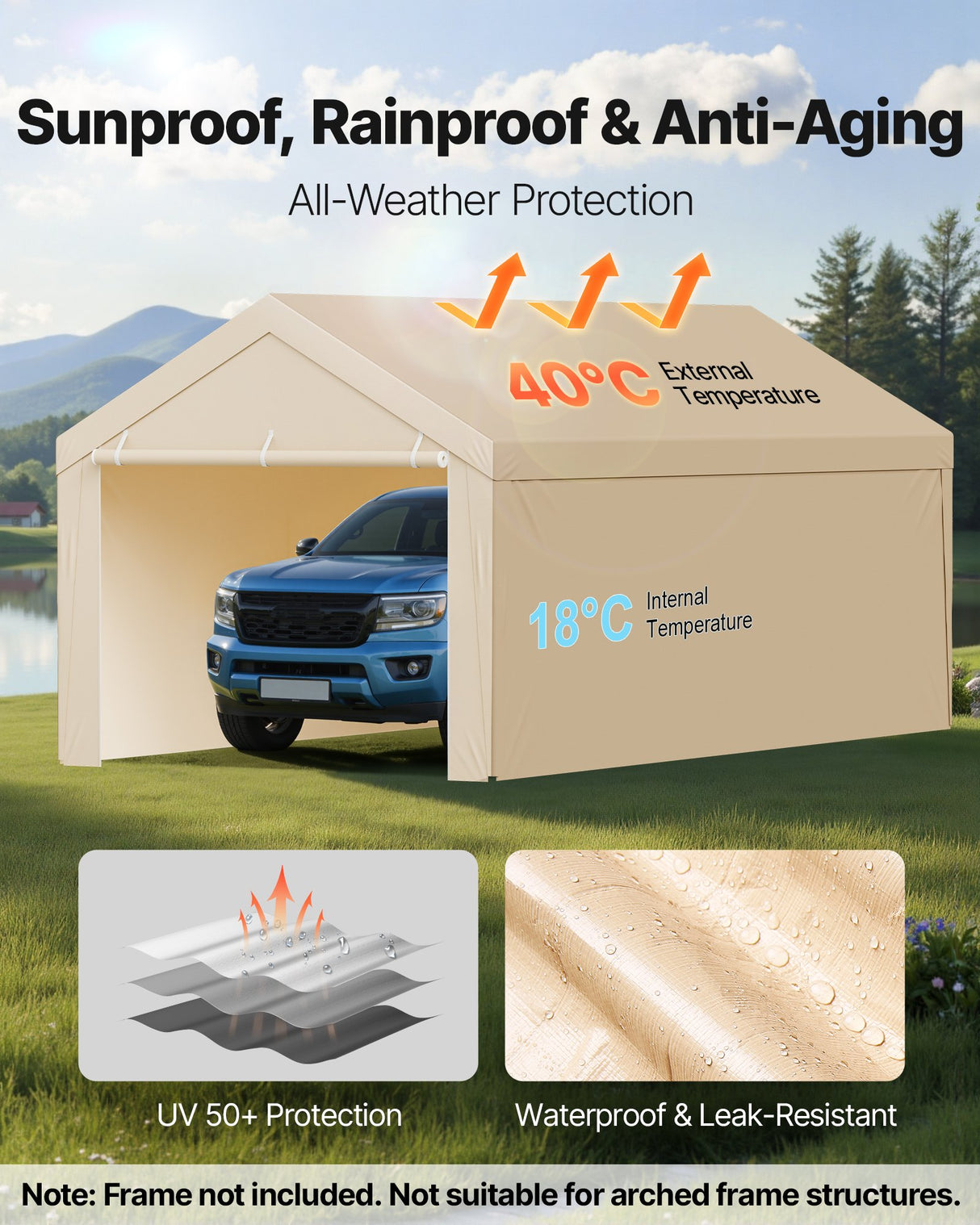 VEVOR Carport Replacement Canopy, 6 x 3 m Potable Garage Tent Top Tarp with Sidewalls, UV-Resistant & Waterproof, Heavy Duty Car Shelter Tarp with Ball Buggees, Beige, Frame Not Included