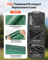 VEVOR Carport Replacement Canopy, 6 x 3 m Potable Garage Tent Top Tarp, UV-Resistant & Waterproof Car Shelter Tarp, Heavy Duty Car Port Cover with Ball Buggees, Dark Green, Frame Not Included - Top-Down View