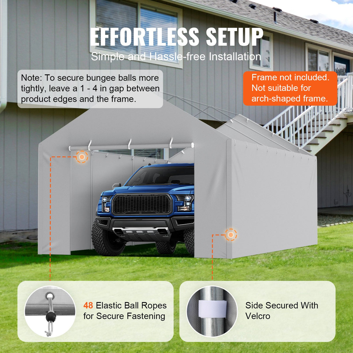 Carport Replacement Canopy Cover Side Wall 6 x 3.6 m, Garage Tent Shelter Tarp Heavy-Duty Waterproof & UV Protected, Easy Installation with Ball Bungees,Grey (Top and Frame Not Included)