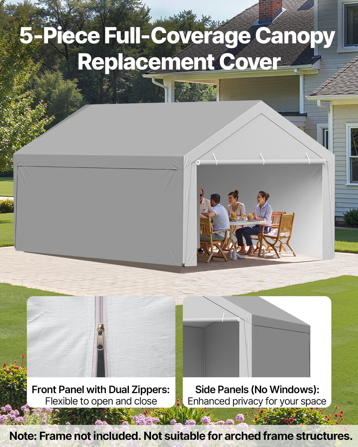 VEVOR Carport Replacement Canopy, 6x 3.6 m Potable Garage Tent Top Tarp with Sidewalls, UV-Resistant & Waterproof, Heavy Duty Car Shelter Tarp with Ball Buggees, Grey, Frame Not Included