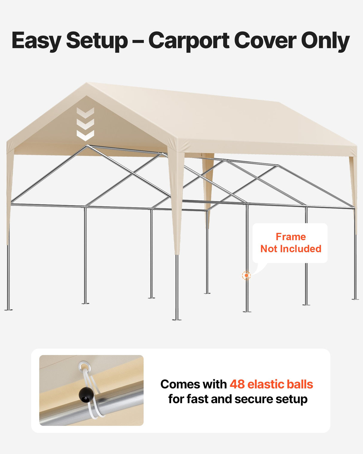 VEVOR Carport Replacement Canopy, 6 x 3.6 m Potable Garage Tent Top Tarp, UV-Resistant & Waterproof Car Shelter Tarp, Heavy Duty Car Port Cover with Ball Buggees, Beige, Frame Not Included
