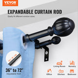 VEVOR Double Rod Curtain Rods, 36-72 inches(3-6ft) Adjustable Length, Black Double Curtain Rods with Round Finials, 1