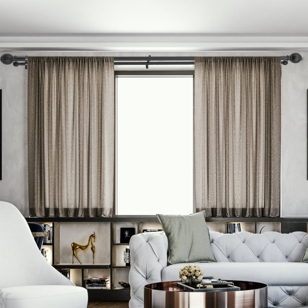 Double Rod Curtain Rods, 36-72 inches(3-6ft) Adjustable Length, Black Double Curtain Rods with Round Finials, 1" and 3/4" Diameter, Double Window Drapery Rod for Sheer and Blackout Curtains