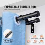 Double Rod Curtain Rods, 36-72 inches(3-6ft) Adjustable Length, Black Double Curtain Rods with Cap Finials,, Adjustable