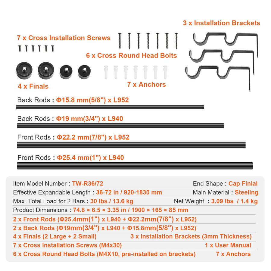 Double Rod Curtain Rods, 36-72 inches(3-6ft) Adjustable Length, Black Double Curtain Rods with Cap Finials,, image 7