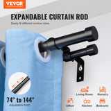 VEVOR Double Rod Curtain Rods, 72-144 inches(6-12ft) Adjustable Length, Black Double Curtain Rods with Cap Finials, 1