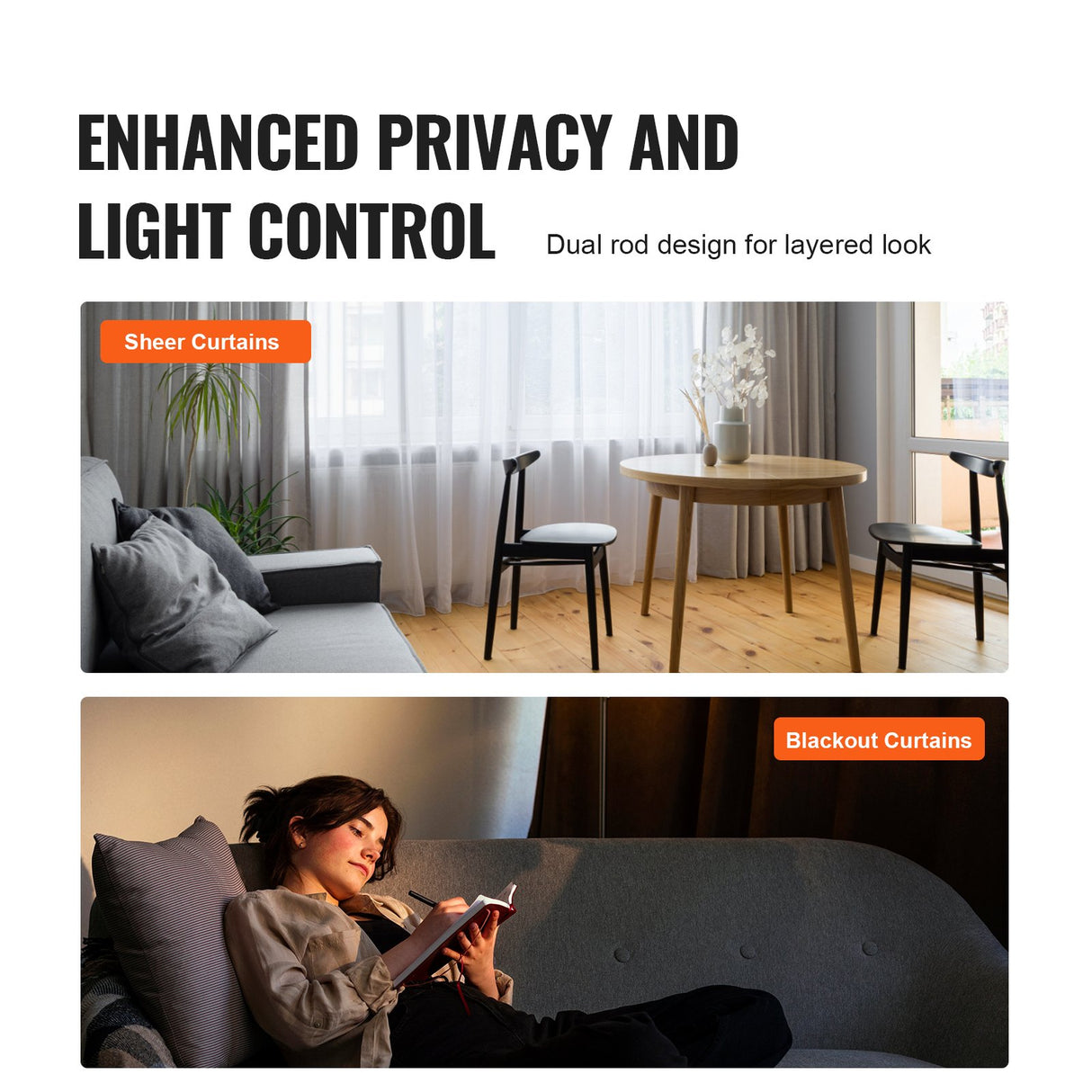 VEVOR Double Rod Curtain Rods, 72-144 inches(6-12ft) Adjustable Length, Black Double Curtain Rods with Cap Finials, 1" and 3/4" Diameter, Double Window Drapery Rod for Sheer and Blackout Curtains