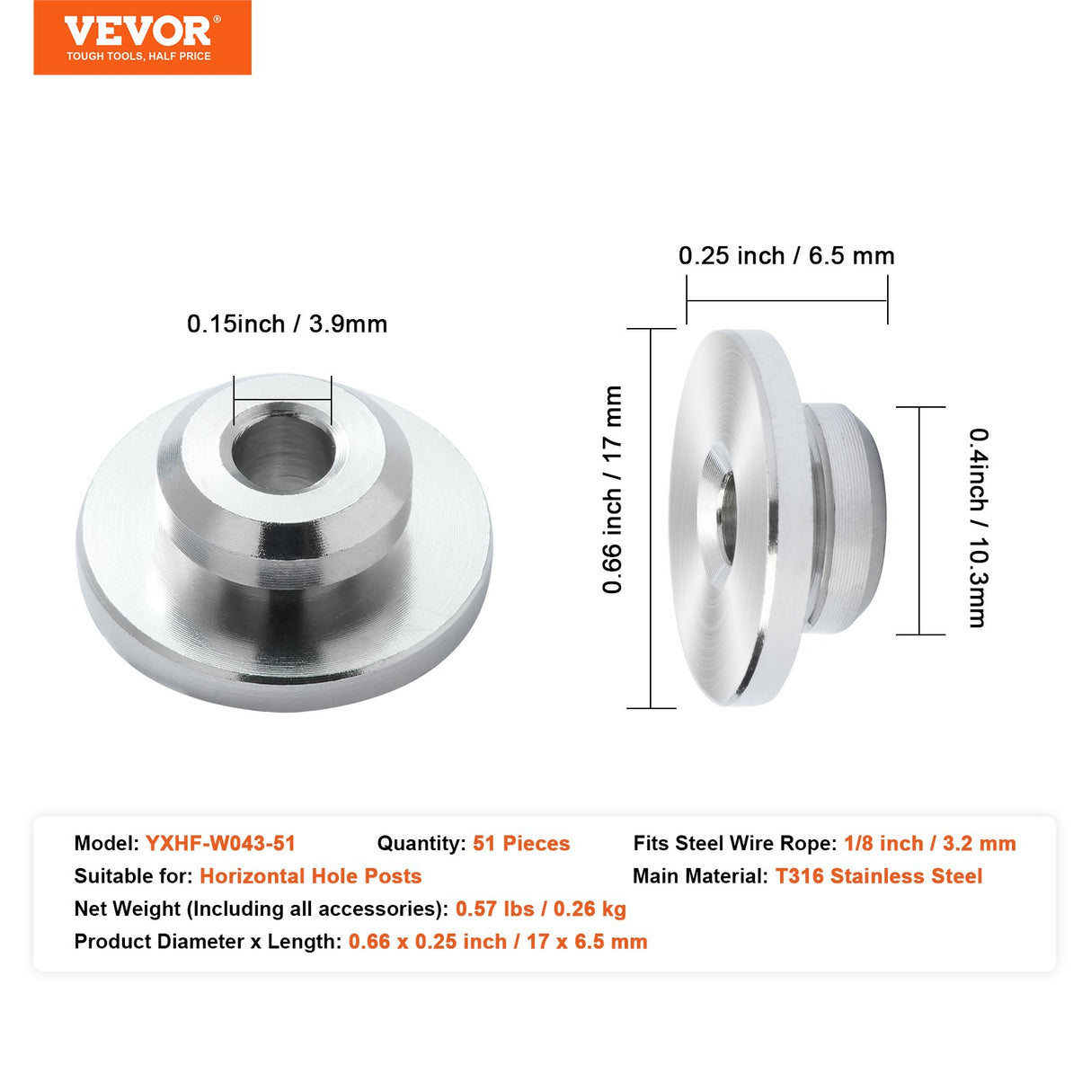 VEVOR 51Pack Cable Railing Kit 3.2mm Wheel Protector Sleeves, Bundle with Black Invisible 3.2mm Swage Tensioner and Terminal, Cable Railing Post