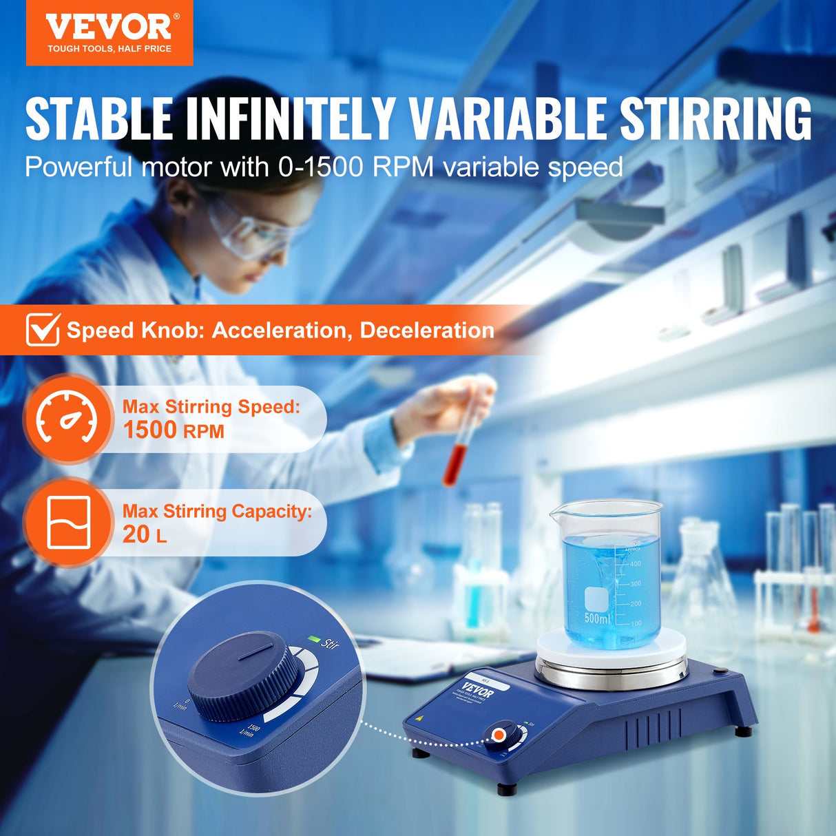 VEVOR Magnetic Stirrer Stir Plate Kit 0-1500 RPM Adjustable Speed Max 22L