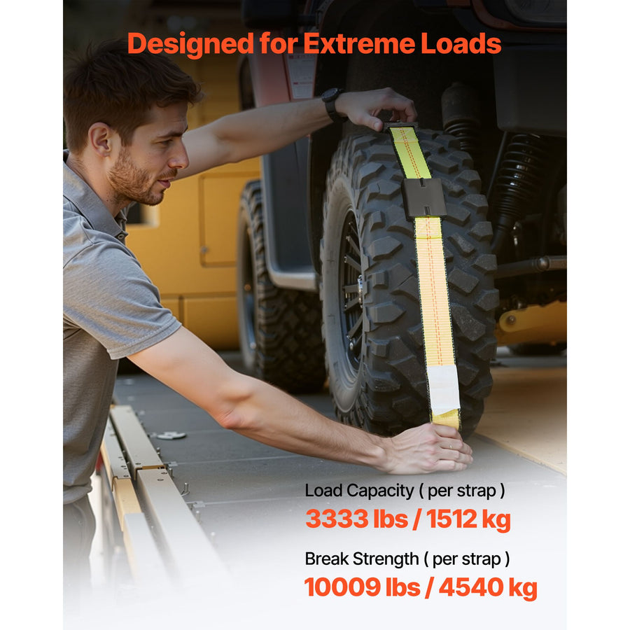 Wheel Chock Tie-Down Kit, Deck-Style Trailer Tie Down Strap, Car Tie Down Kit with J-Hook, Break Strength 4540 kg & Working Load 1512 kg Motorcycle Tie-Down System for SUVs, Trailers, Trucks