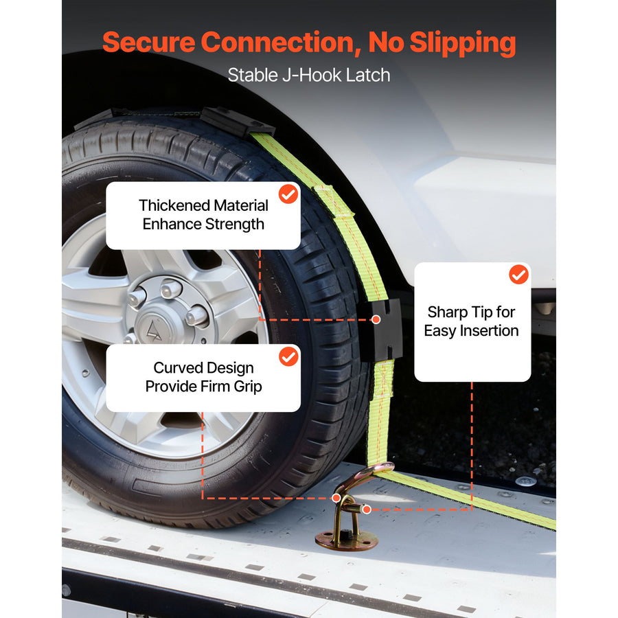 Wheel Chock Tie-Down Kit, Deck-Style Trailer Tie Down Strap, Car Tie Down Kit with J-Hook, Break Strength 4540 kg & Working Load 1512 kg Motorcycle Tie-Down System for SUVs, Trailers, Trucks