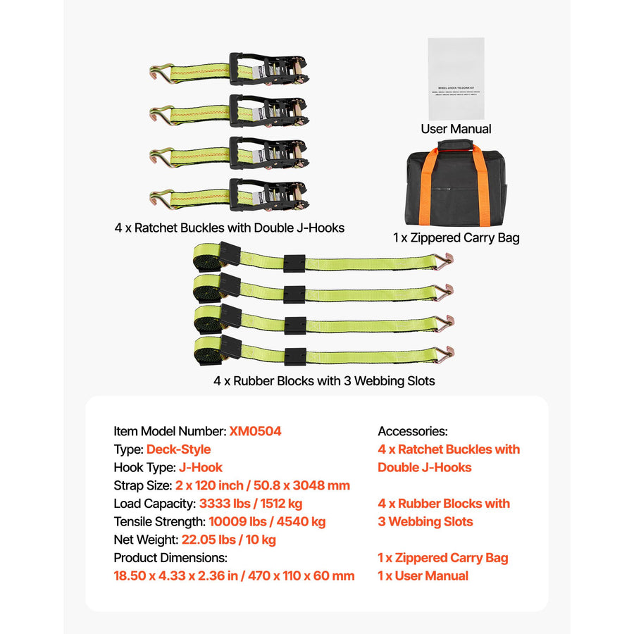 Wheel Chock Tie-Down Kit, Deck-Style Trailer Tie Down Strap, Car Tie Down Kit with J-Hook, Break Strength 4540 kg & Working Load 1512 kg Motorcycle Tie-Down System for SUVs, Trailers, Trucks