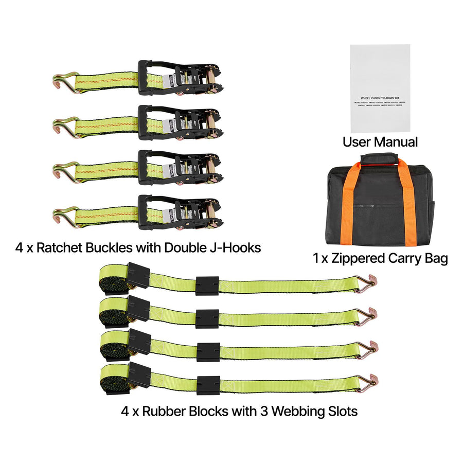 Wheel Chock Tie-Down Kit, Deck-Style Trailer Tie Down Strap, Car Tie Down Kit with J-Hook, Break Strength 4540 kg & Working Load 1512 kg Motorcycle Tie-Down System for SUVs, Trailers, Trucks