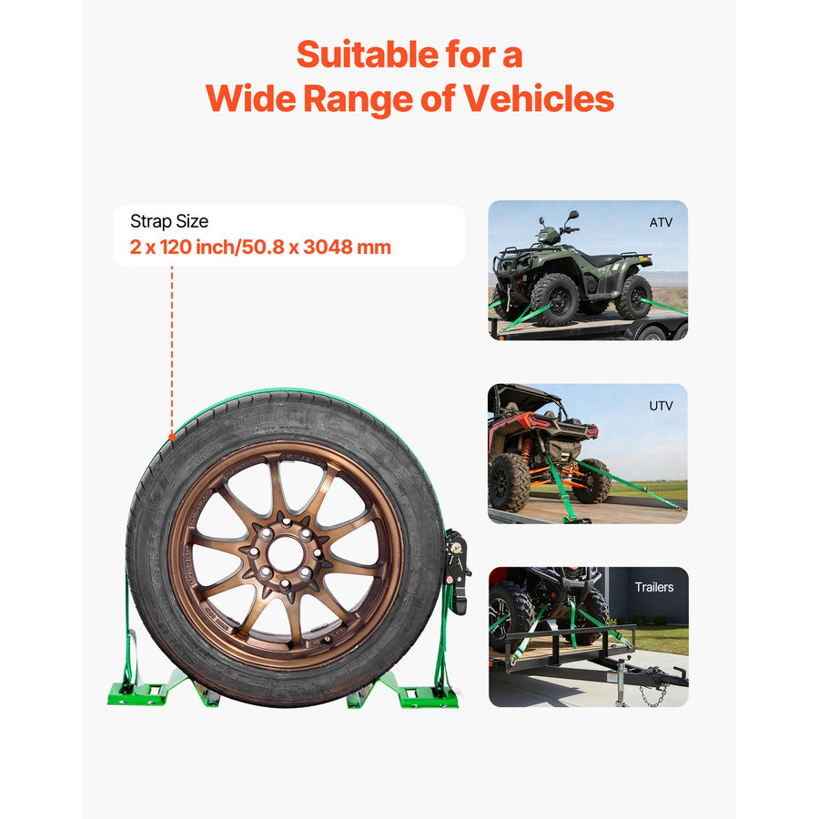 Wheel Chock Tie-Down Kit, Chock-Style Trailer Tie Down Strap, Car Tie Down Kit with Buckle, Break Strength 1986.73 kg & Working Load 662 kg Motorcycle Tie-Down System E-Hooks for ATVs, UTVs