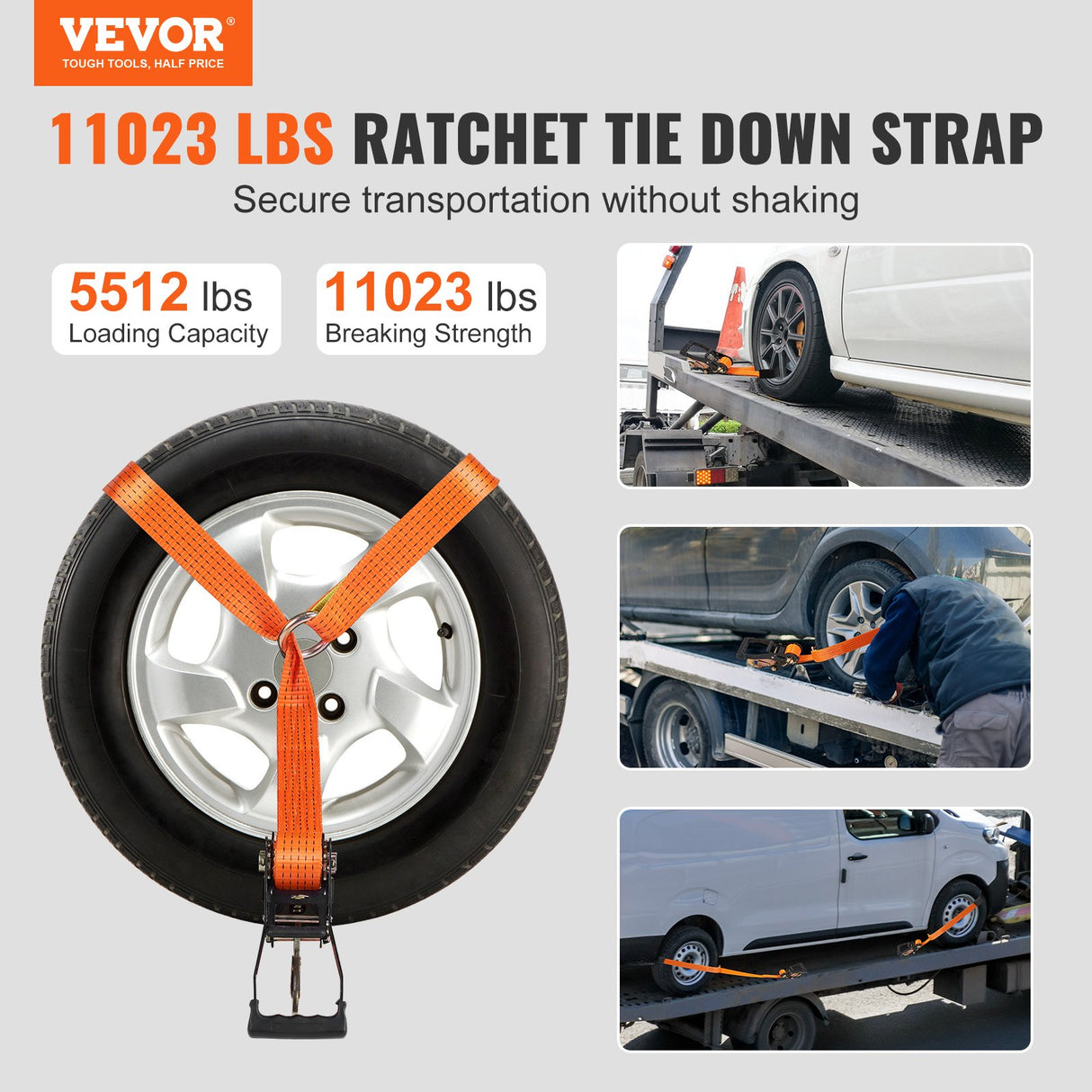 VEVOR Ratchet Tie Down Straps Kit, 5.08" x 304.8" Tire Straps, 2500kgs Working Load, 11023 LBS Breaking Strength, Car Tie Down Straps with Snap Hooks