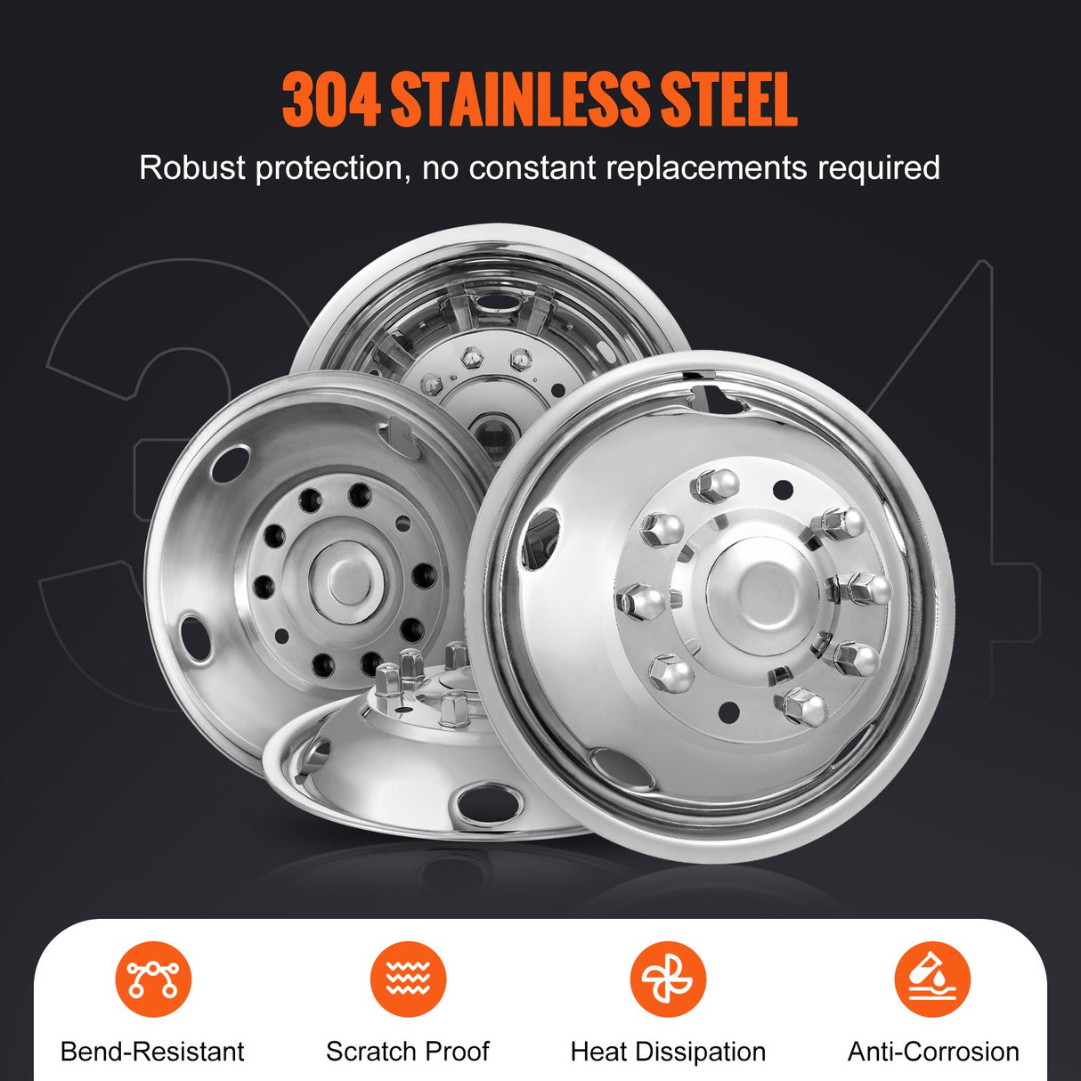 VEVOR 50cm 8 Lug Wheel Simulators, 304 Stainless Steel Wheel Simulator Kit with Mirror Polished Finish, 2 Front and 2 Rear Wheel Covers Fit for For