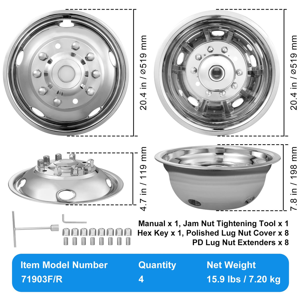 VEVOR 50cm 8 Lug Wheel Simulators, 304 Stainless Steel Wheel Simulator Kit with Mirror Polished Finish, 2 Front and 2 Rear Wheel Covers Fit for For