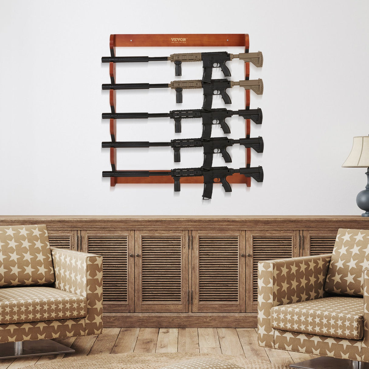 VEVOR Gun Rack, Wood Gun Rack Wall Mount, Gun Display Rack holds 5 Rifles, Shotguns, 132 lb Heavy Duty Wall Storage Display Rifle Rack with Soft