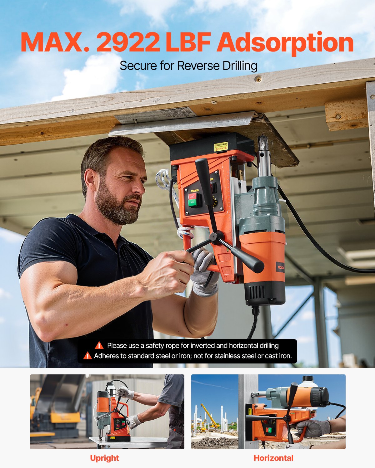 VEVOR Magnetic Drill, 1550W 1.57" Boring Diameter, 2922lbf/13000N Portable Electric Mag Drill Press with Variable Speed, 500 RPM Drilling Machine for any Surface Home Improvement Industry Railway