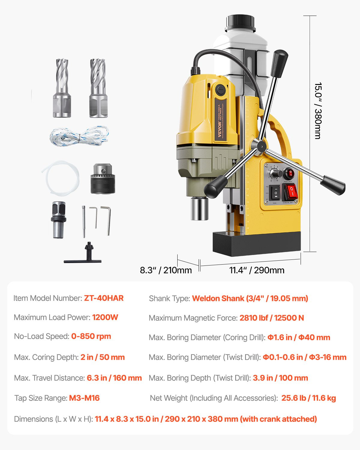 Magnetic Drill 1200W 2810 lbf Mag Drill Press 1.6 in Boring Diameter Yellow