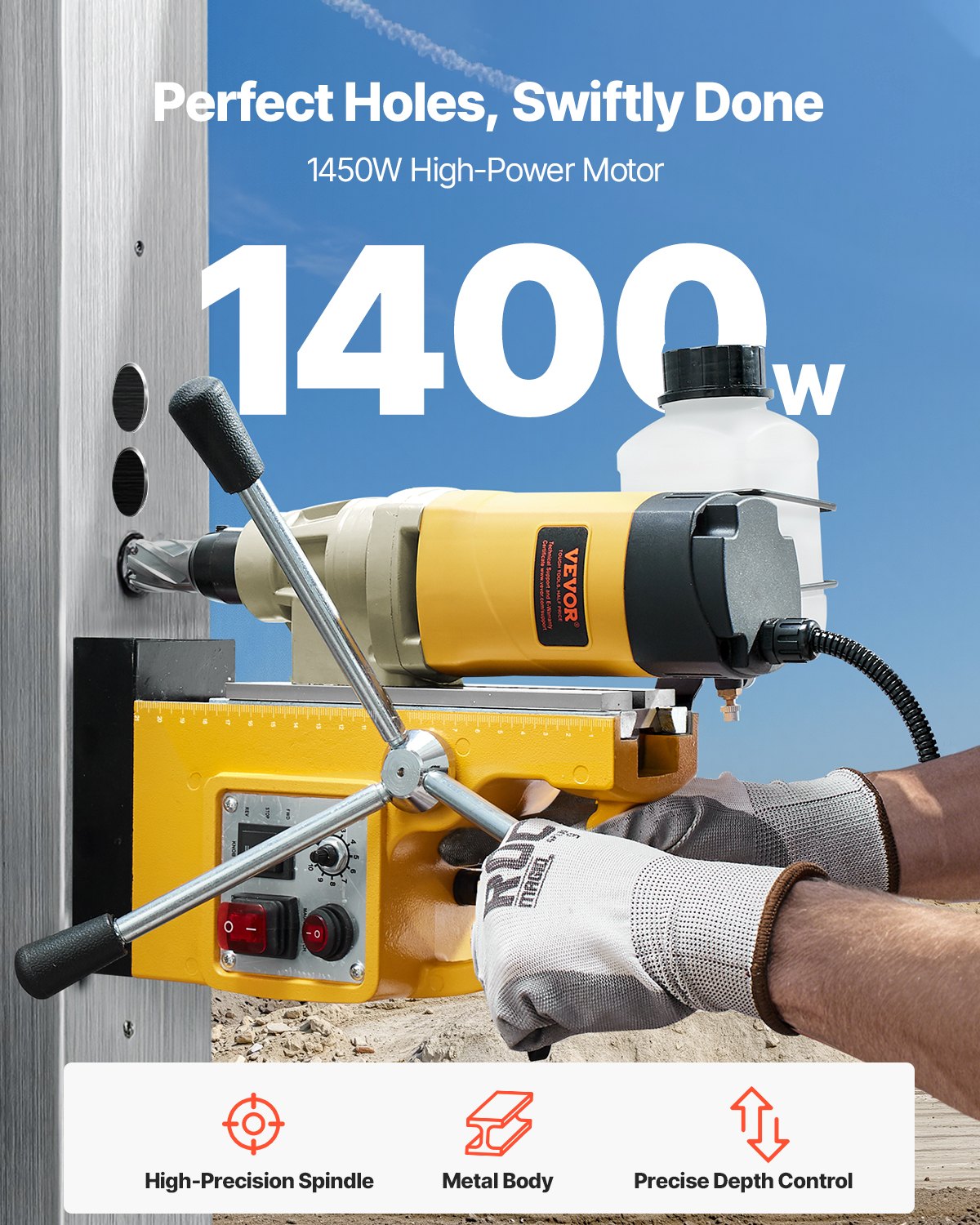 Magnetic Drill 1400W 2878 lbf Mag Drill Press 2 in Boring Diameter 6 Bits Yellow