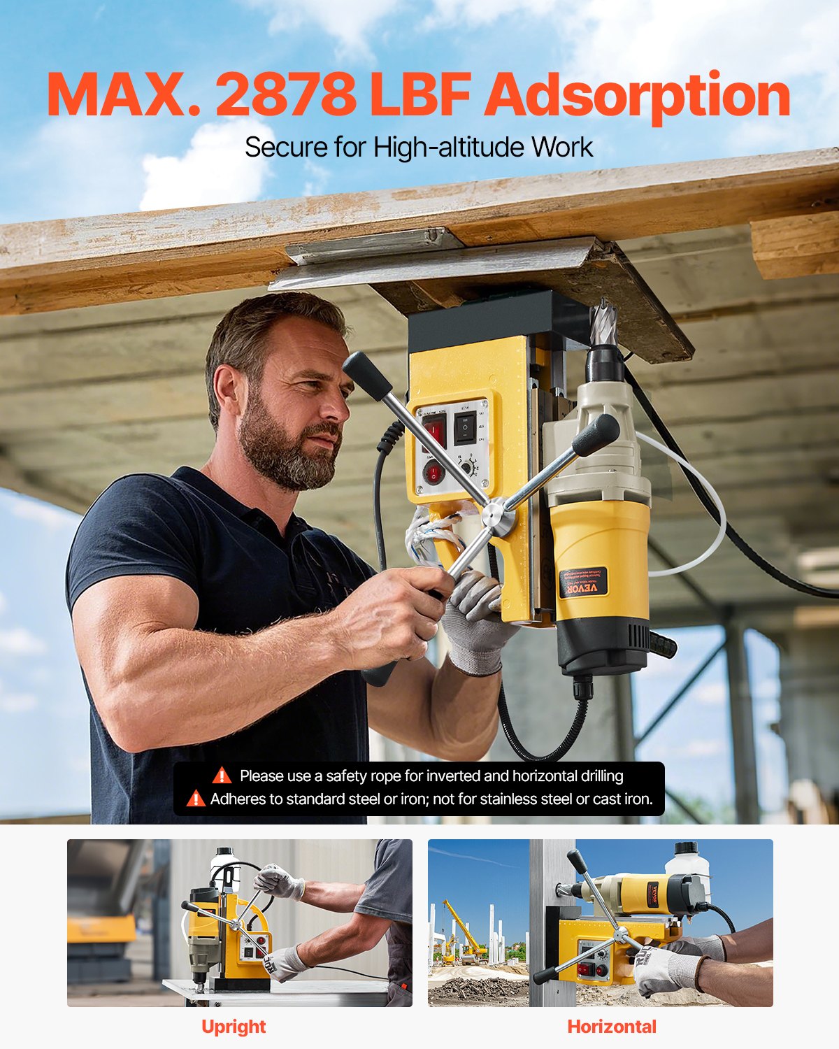 Magnetic Drill 1400W 2878 lbf Mag Drill Press 2 in Boring Diameter 6 Bits Yellow