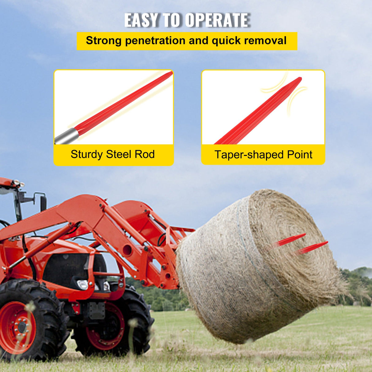 VEVOR Hay Spear 32" Bale Spear 1350 lbs Capacity, Bale Spike Quick Attach Square Hay Bale Spears 1.4" Wide, Red Coated Bale Forks, Bale Hay Spike with
