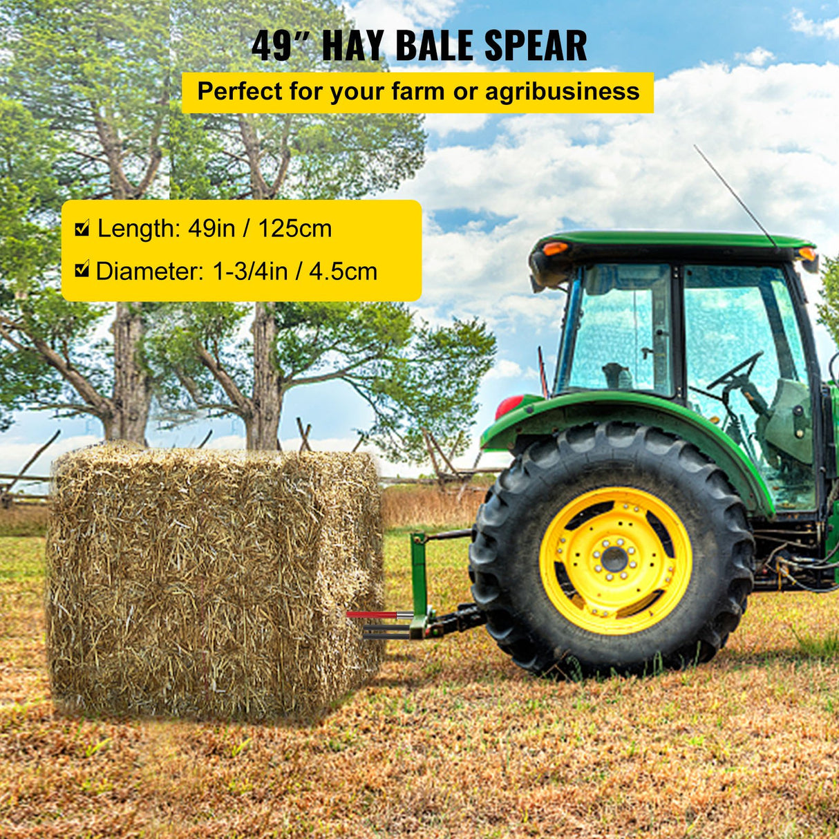 VEVOR Hay Spear 49" Bale Spear 3000 lbs Capacity, Bale Spike Quick Attach Square Hay Bale Spears, Red Coated Bale Forks, Bale Hay Spike with 2