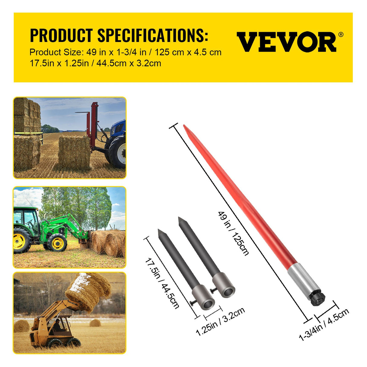 VEVOR Hay Spear 49" Bale Spear 3000 lbs Capacity, Bale Spike Quick Attach Square Hay Bale Spears, Red Coated Bale Forks, Bale Hay Spike with 2