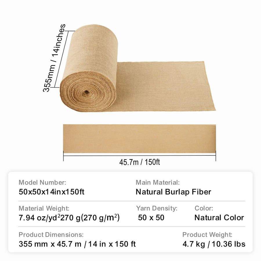 Burlap Fabric Roll, 355 mm x 45.7 m & 50 x 50 Density Wide Natural Burlap Fabric Rolls, Jute Fabric Burlap Tree Wrap Roll, for Decor, Crafts, Wedding, Gardening, Plant & Tree Winter Covering