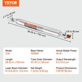 VEVOR Laser Tube, 40W CO2 Laser Tube for Laser Engraver and Cutter Machine, 720 mm Length, 50 mm Diameter, Glass Laser Cutting Tube with TEM00 Beam Mode, for Wood Acrylic Fabric Leather Bamboo - Close-Up Angle