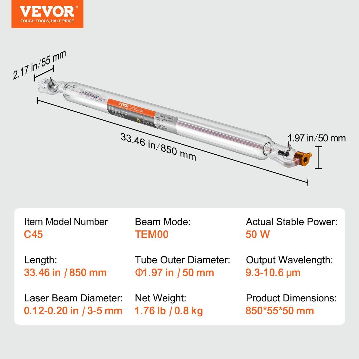 VEVOR Laser Tube, 50W CO2 Laser Tube for Laser Engraver and Cutter Machine, 850 mm Length, 50 mm Diameter, Glass Laser Cutting Tube with TEM00 Beam