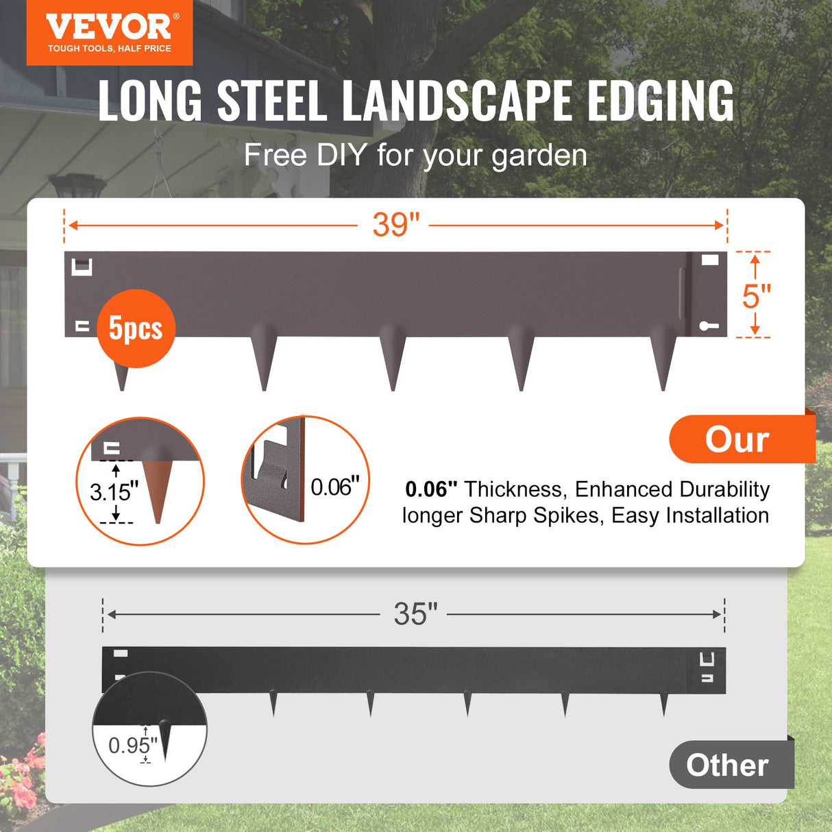 VEVOR Steel Landscape Edging, 5-pack Steel Garden Edging Borders, 39" L x 5" H Strips, Hammer-in Edging Border, Bendable Metal Landscape Edging for
