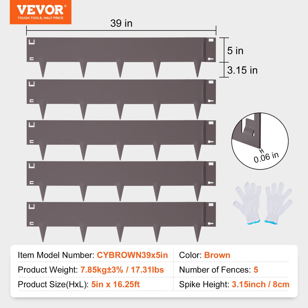 VEVOR Steel Landscape Edging, 5-pack Steel Garden Edging Borders, 39" L x 5" H Strips, Hammer-in Edging Border, Bendable Metal Landscape Edging for