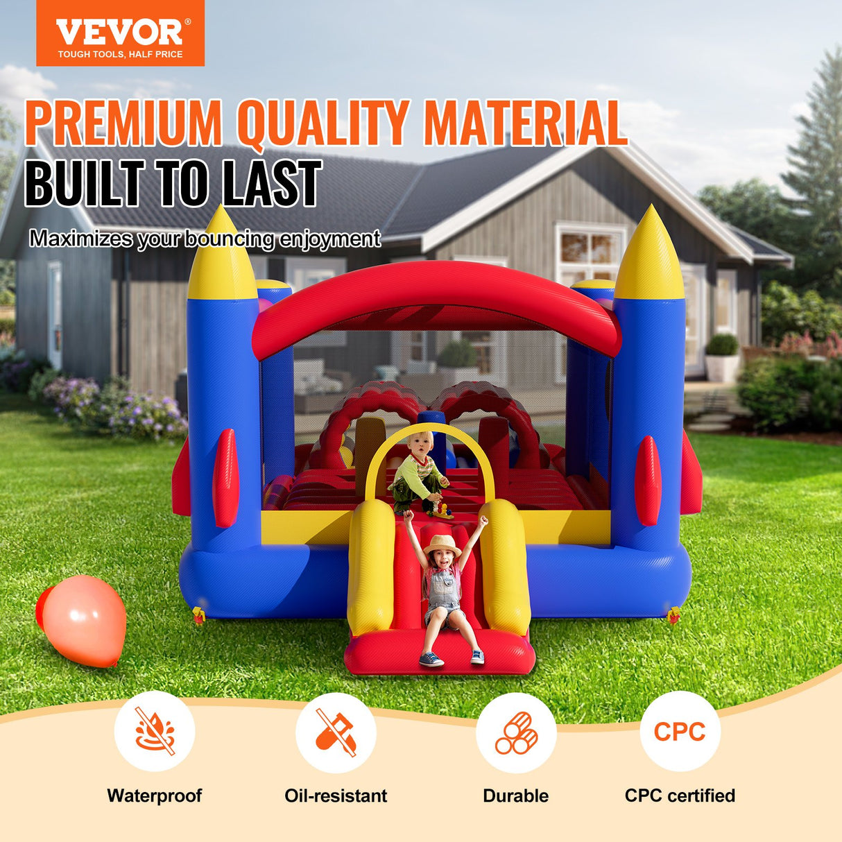 VEVOR Inflatable Bounce House, Outdoor High Quality Playhouse Trampoline, Jumping Bouncer with Blower, Slide, and Storage Bag, Family Backyard Bouncy