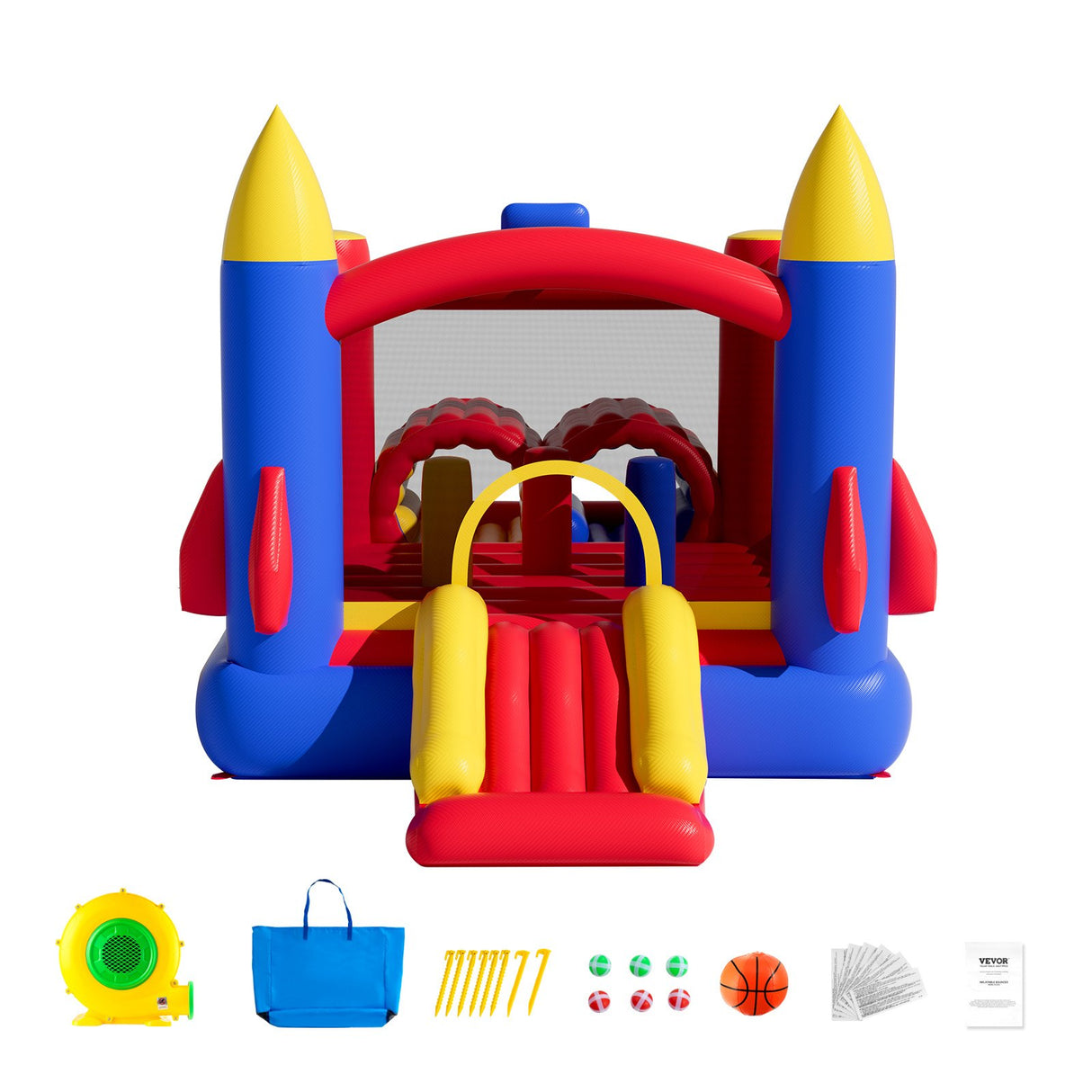 VEVOR Inflatable Bounce House, Outdoor High Quality Playhouse Trampoline, Jumping Bouncer with Blower, Slide, and Storage Bag, Family Backyard Bouncy