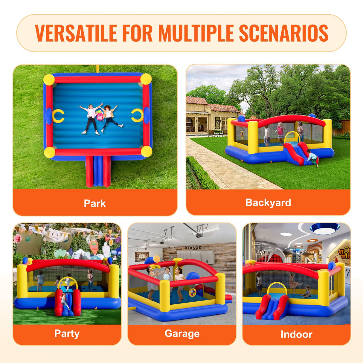 VEVOR Inflatable Bounce House, Outdoor High Quality Playhouse Trampoline, Jumping Bouncer with Blower, Slide, and Storage Bag, Family Backyard Bouncy