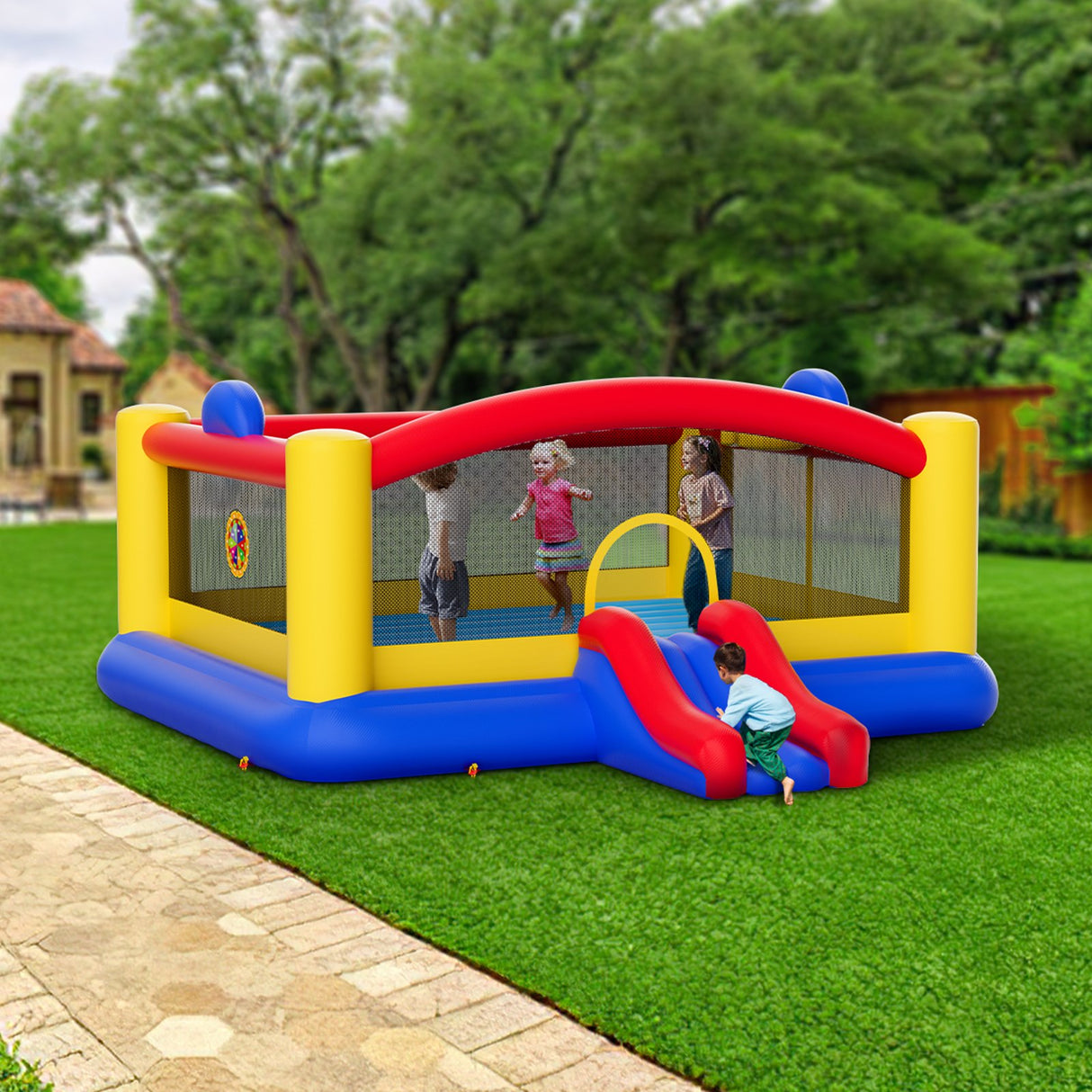 VEVOR Inflatable Bounce House, Outdoor High Quality Playhouse Trampoline, Jumping Bouncer with Blower, Slide, and Storage Bag, Family Backyard Bouncy